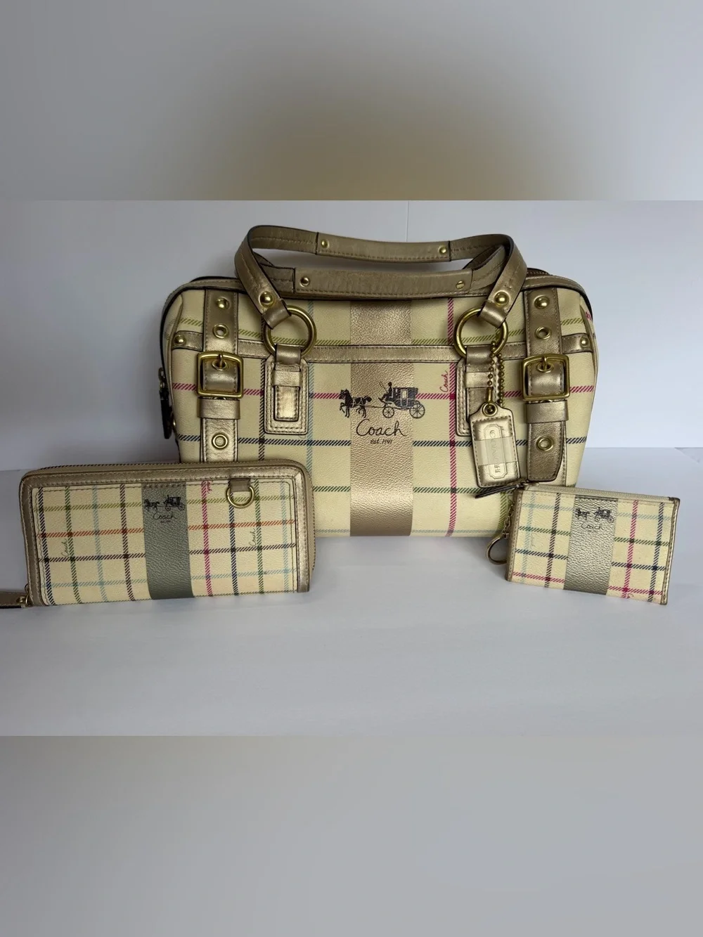 Vintage 2008 Coach 13040 Heritage Stripe Tattersall Plaid Satchel Wallet 3PC Set
